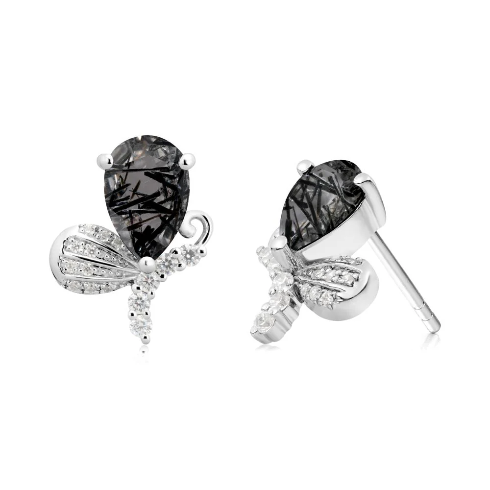 Pear Shaped Black Rutilated Quartz Butterfly Stud Earrings - Image 5