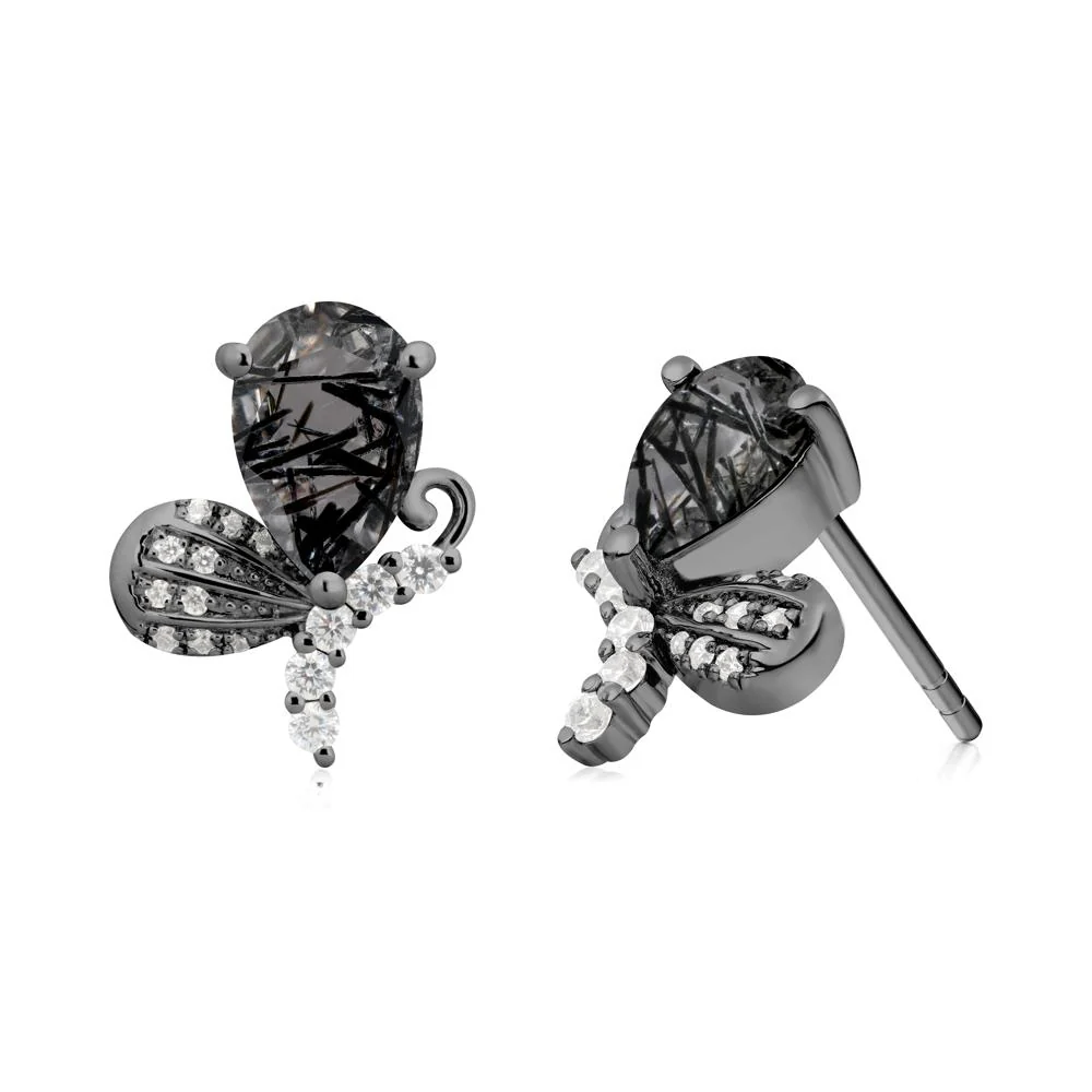 Pear Shaped Black Rutilated Quartz Butterfly Stud Earrings - Image 9