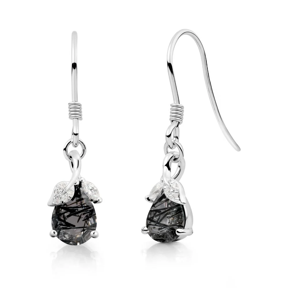 Pear Shaped Black Rutilated Quartz Leaf Dangle Earrings - Image 3