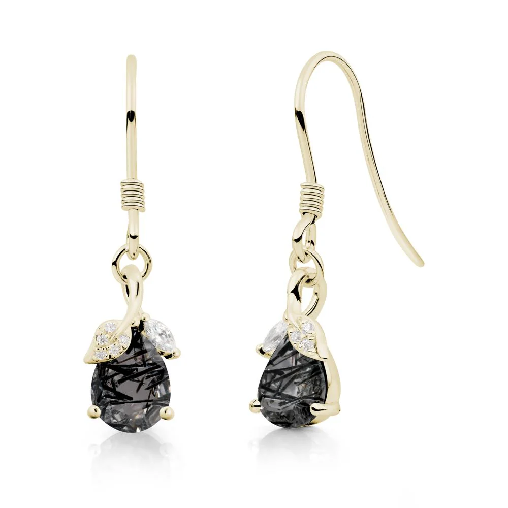 Pear Shaped Black Rutilated Quartz Leaf Dangle Earrings - Image 5