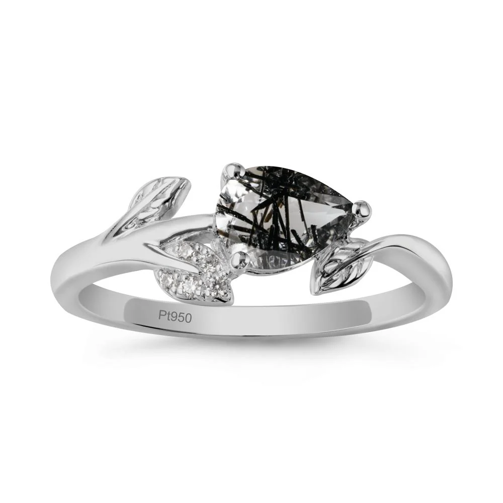 Pear Shaped Black Rutilated Quartz Leaf Ring