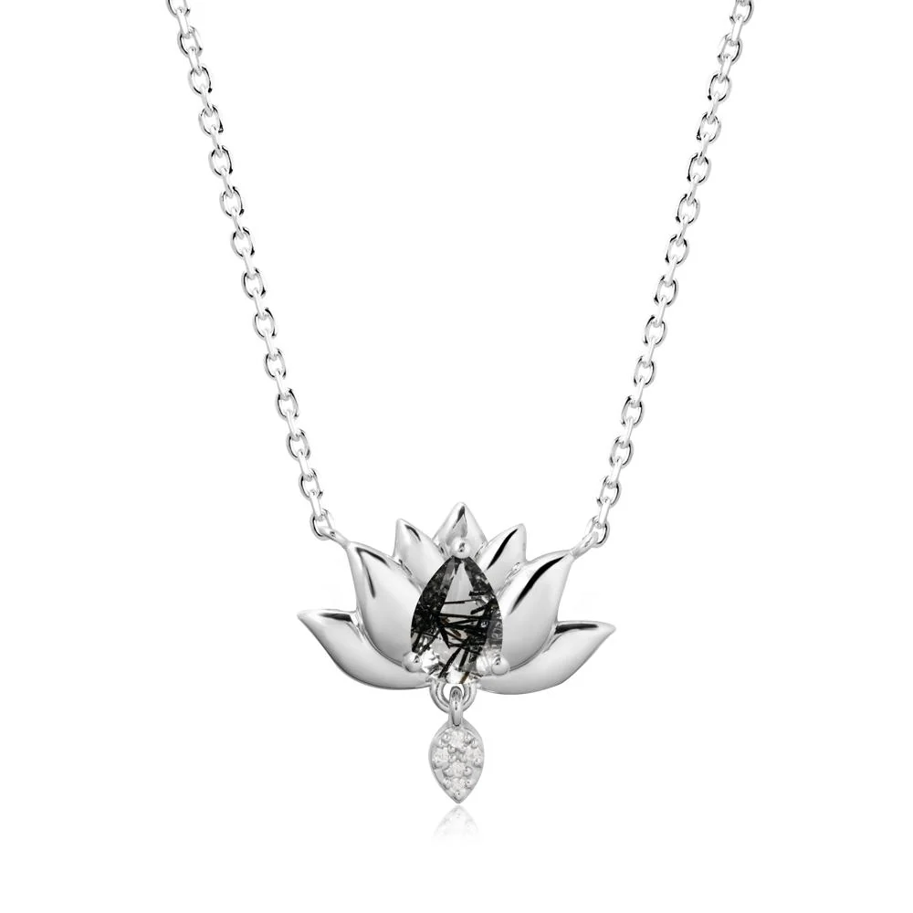 Pear Shaped Black Rutilated Quartz Lotus Flower Pendant - Image 6