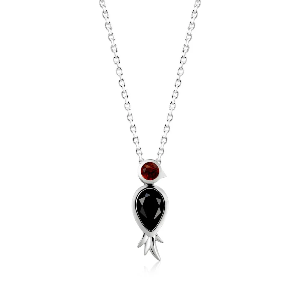 Pear Shaped Black Spinel and Garnet Bird Pendant Neckalce
