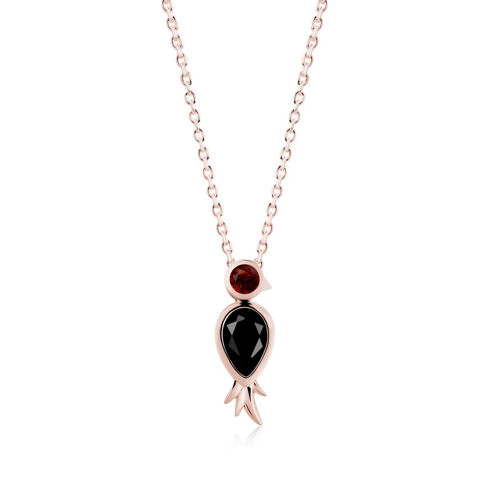 Pear Shaped Black Spinel and Garnet Bird Pendant Neckalce - Image 6