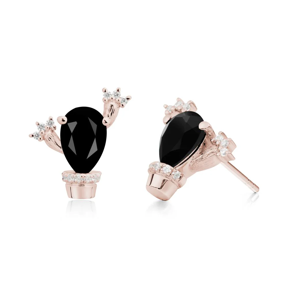 Pear Shaped Black Spinel Cactus Stud Earrings