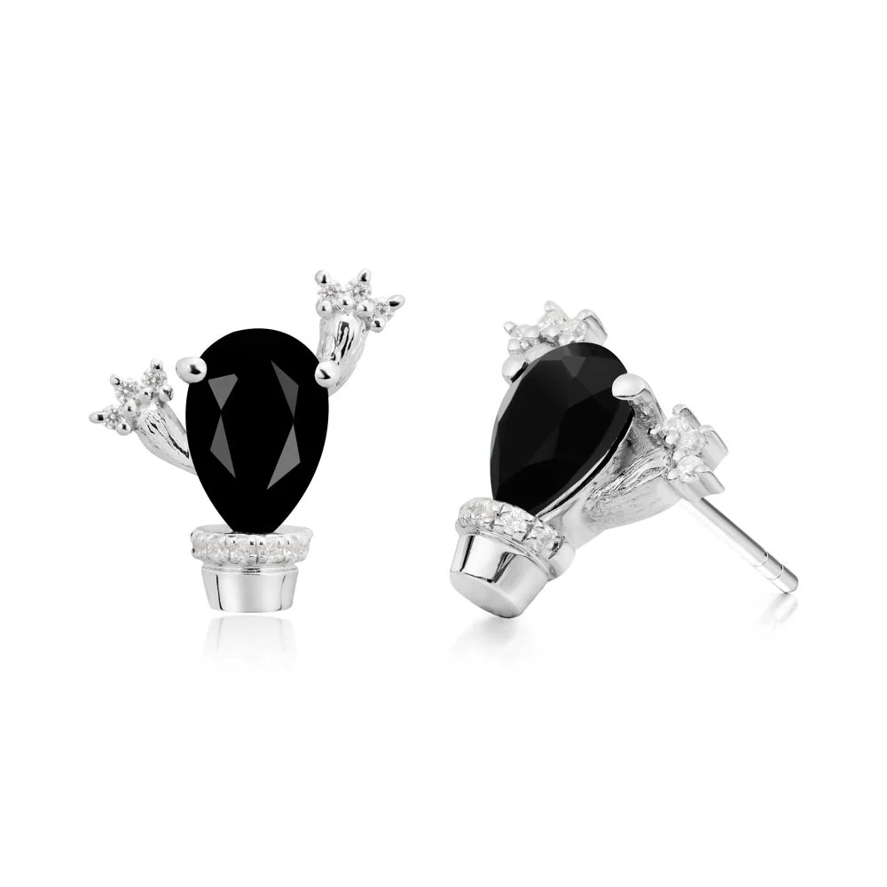 Pear Shaped Black Spinel Cactus Stud Earrings - Image 2