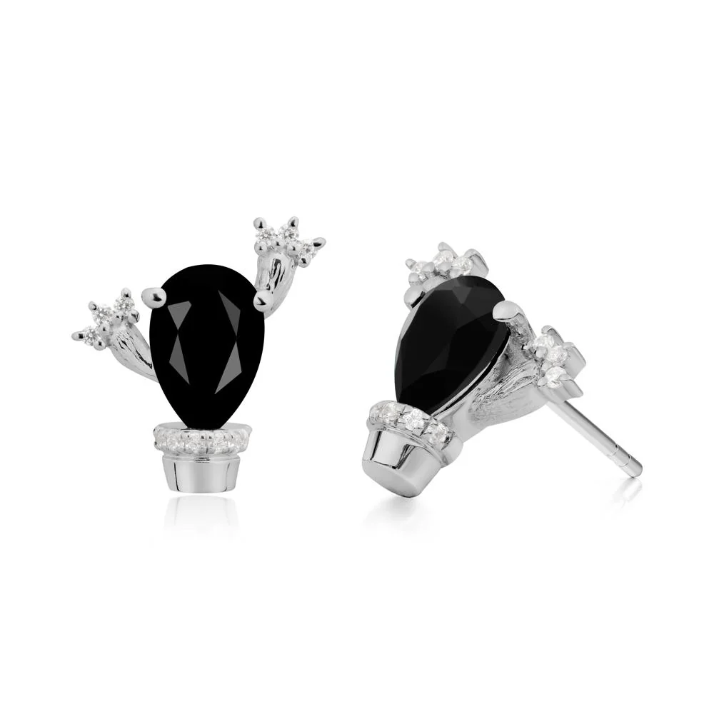 Pear Shaped Black Spinel Cactus Stud Earrings - Image 4