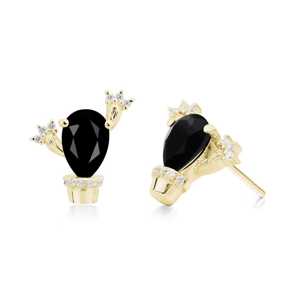 Pear Shaped Black Spinel Cactus Stud Earrings - Image 5