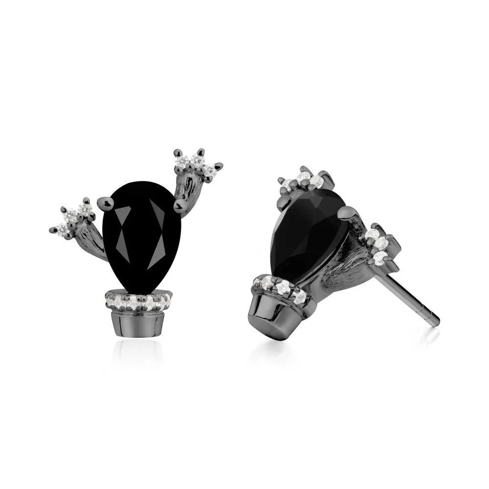Pear Shaped Black Spinel Cactus Stud Earrings - Image 7