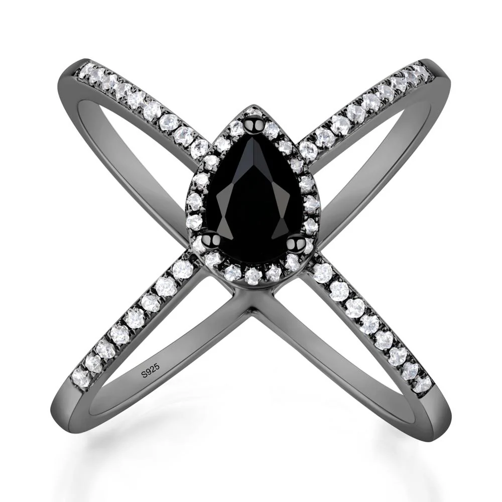 Pear Shaped Black Spinel Criss Cross Ring