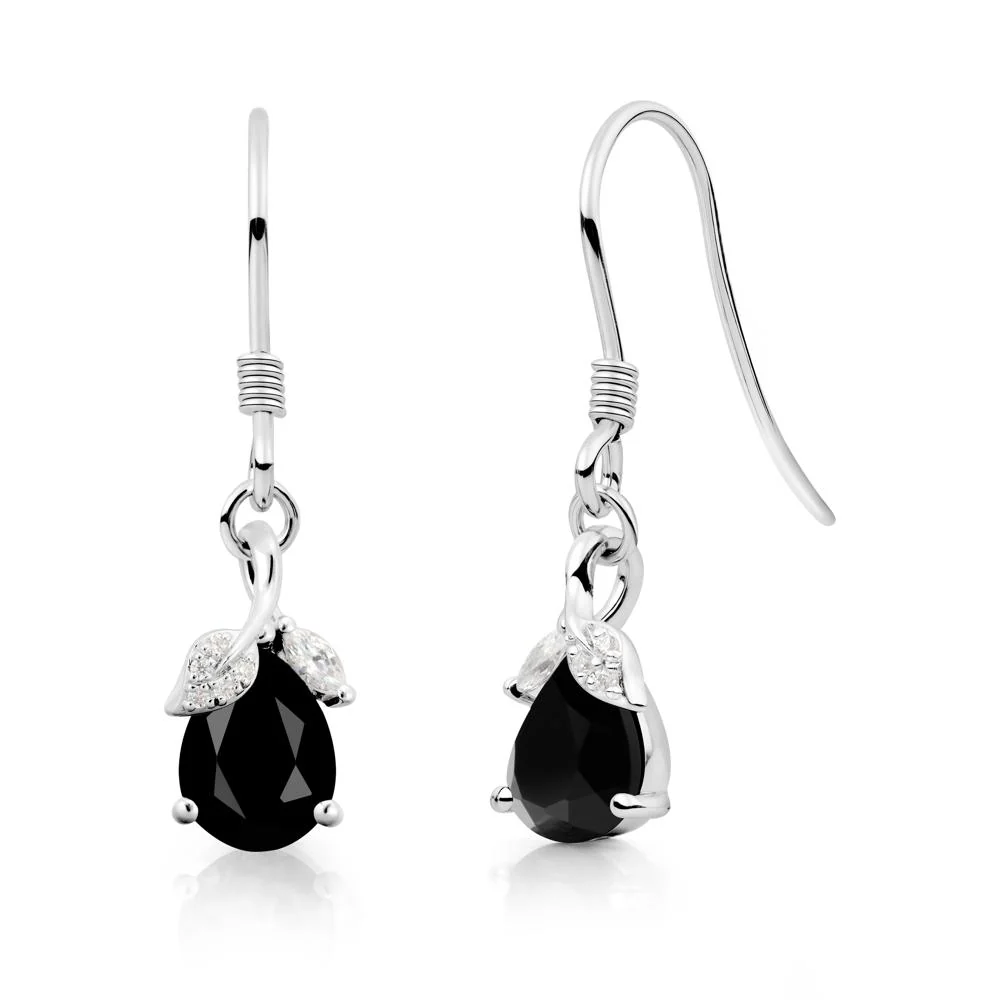 Pear Shaped Black Spinel Leaf Dangle Earrings - Image 4