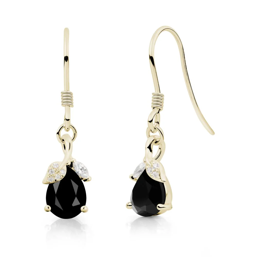 Pear Shaped Black Spinel Leaf Dangle Earrings - Image 5
