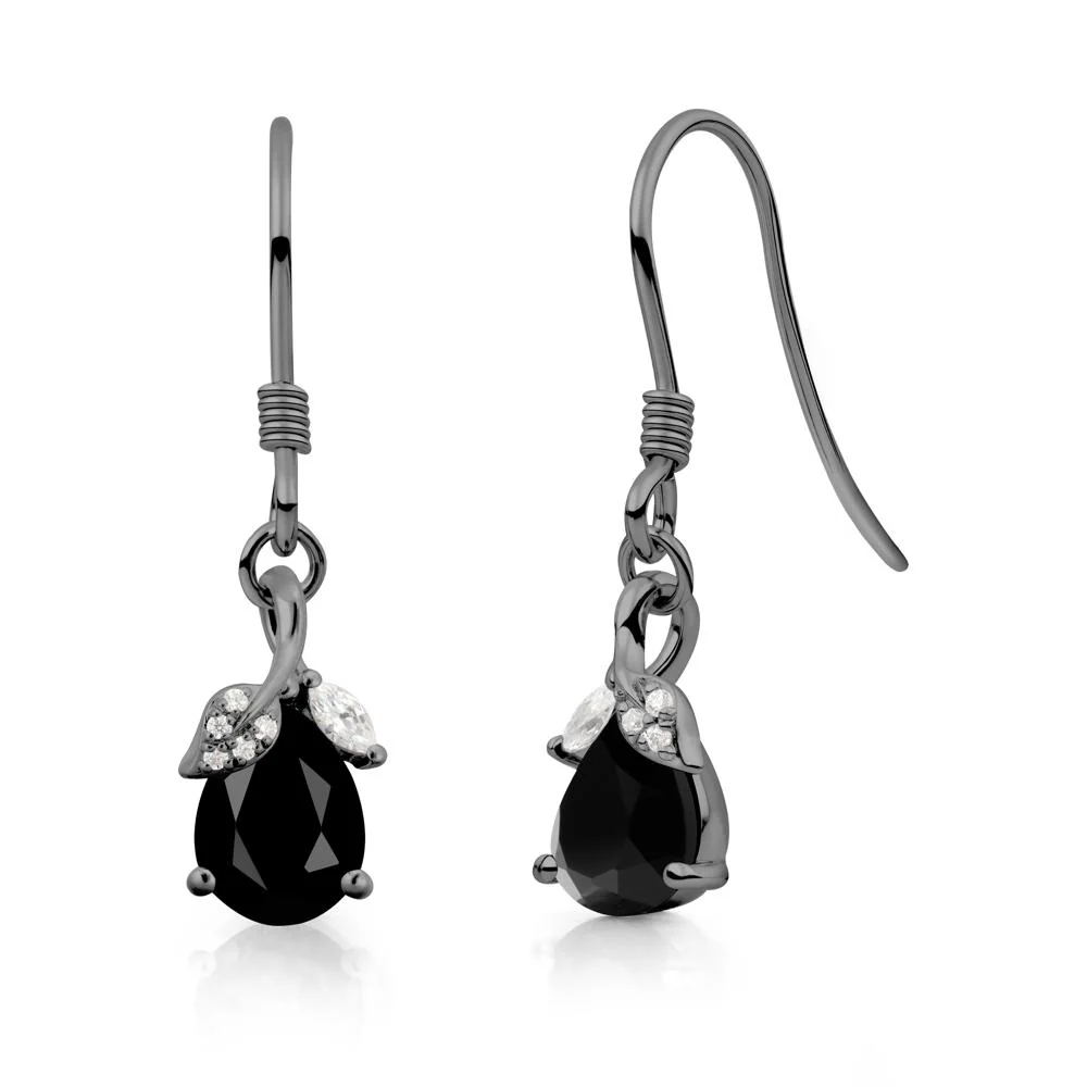 Pear Shaped Black Spinel Leaf Dangle Earrings - Image 7