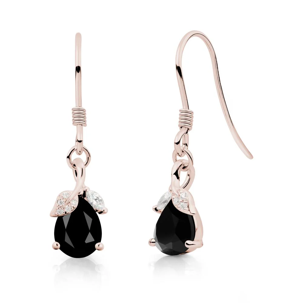 Pear Shaped Black Spinel Leaf Dangle Earrings - Image 9