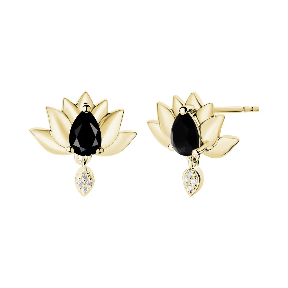 Pear Shaped Black Spinel Lotus Flower Earrings - Image 6