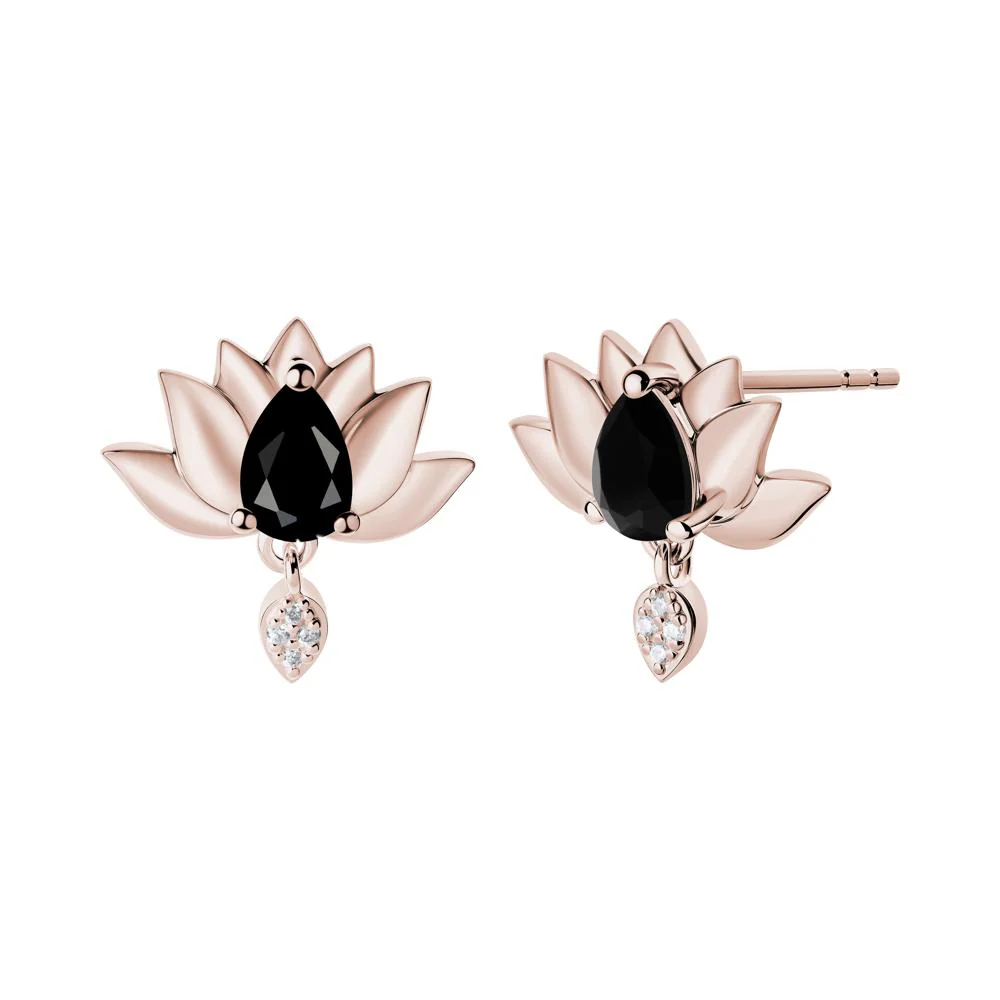 Pear Shaped Black Spinel Lotus Flower Earrings - Image 7