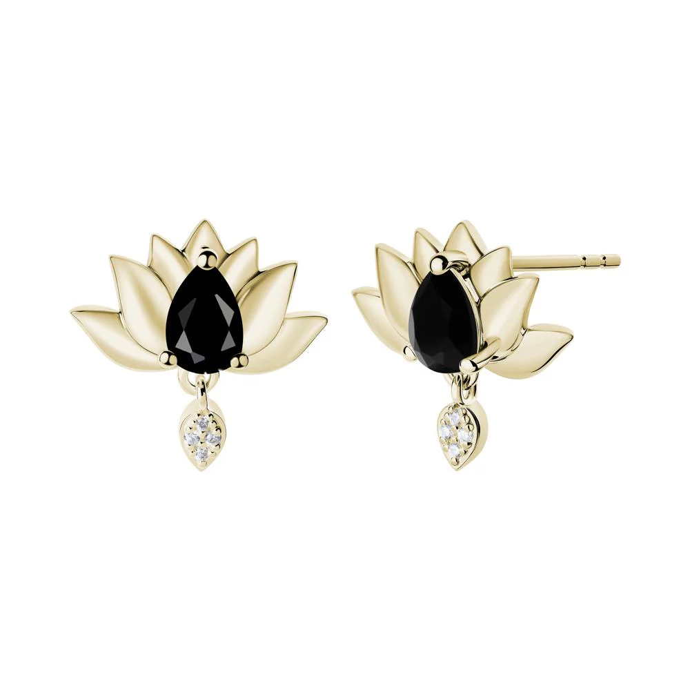 Pear Shaped Black Spinel Lotus Flower Earrings - Image 8