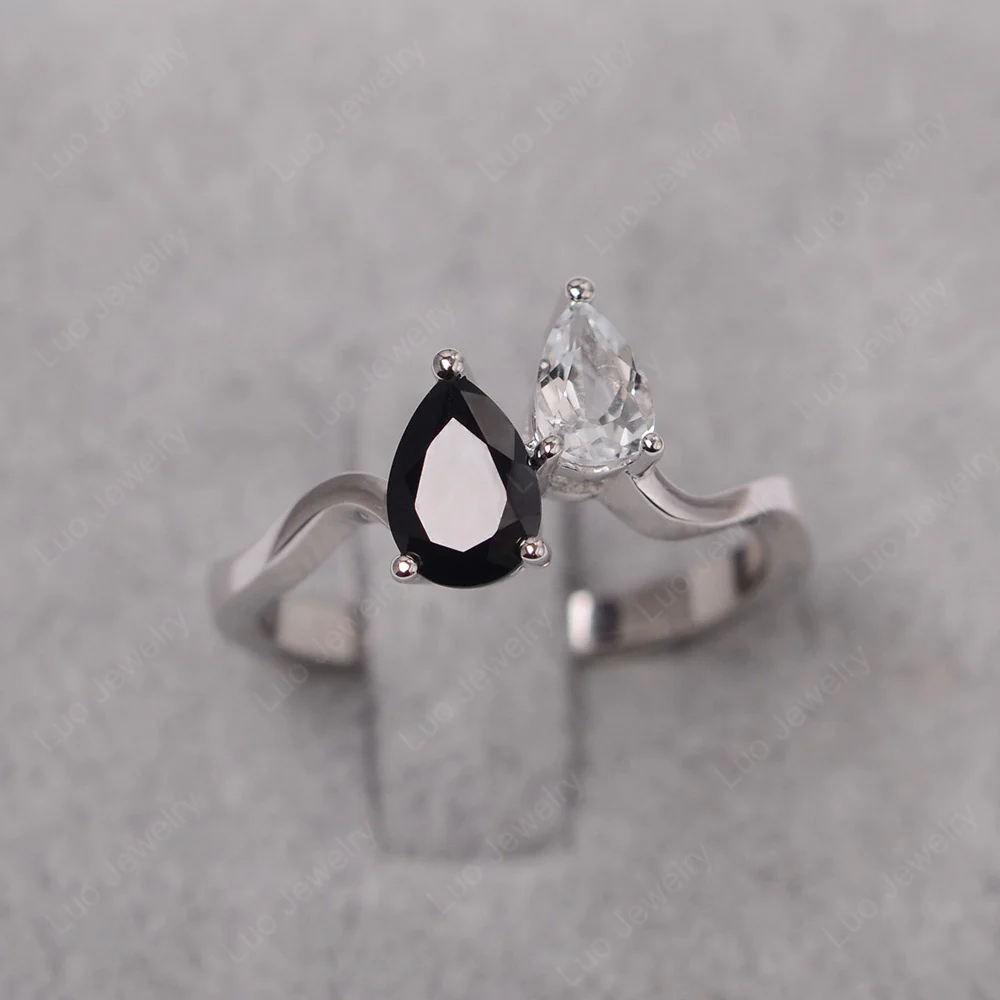 Pear Shaped Black Spinel Toi Et Moi Ring
