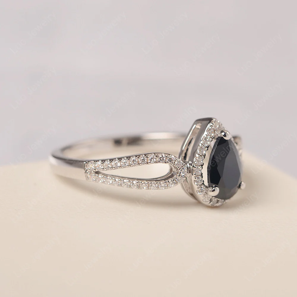 Pear Shaped Black Spinel Halo Engagement Ring - Image 2
