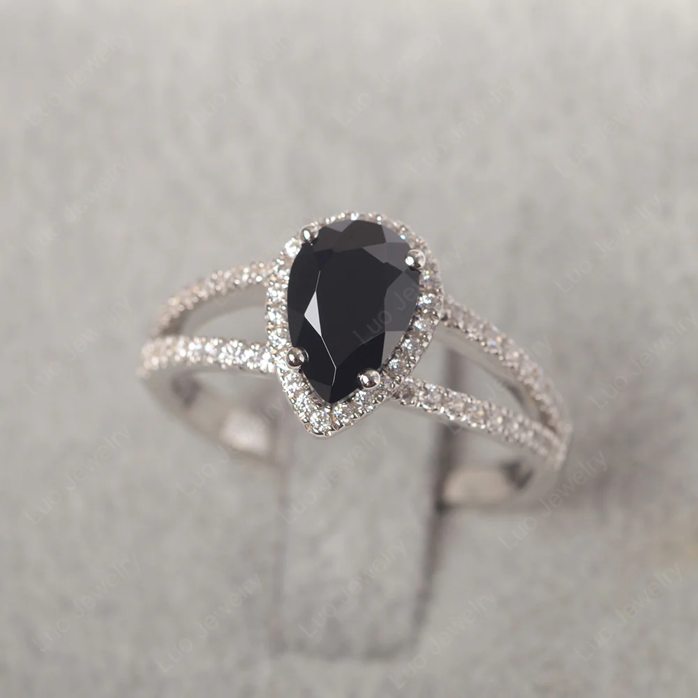Pear Shaped Black Spinel Halo Split Shank Ring