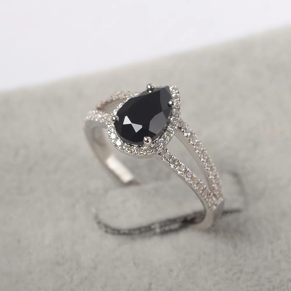 Pear Shaped Black Spinel Halo Split Shank Ring - Image 2