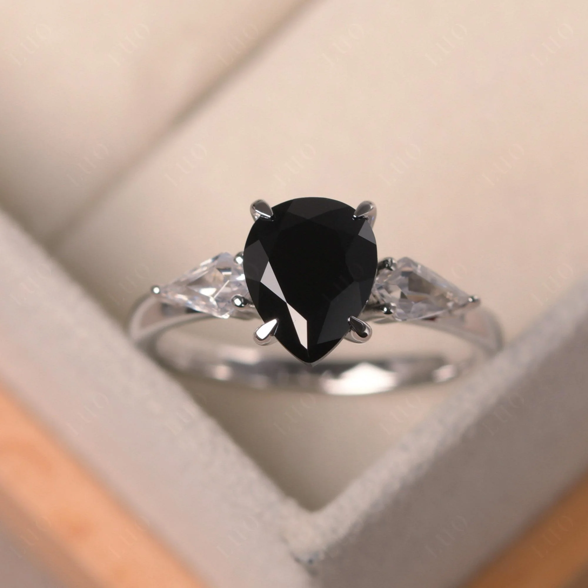 Pear Black Spinel Trilogy Engagement Ring