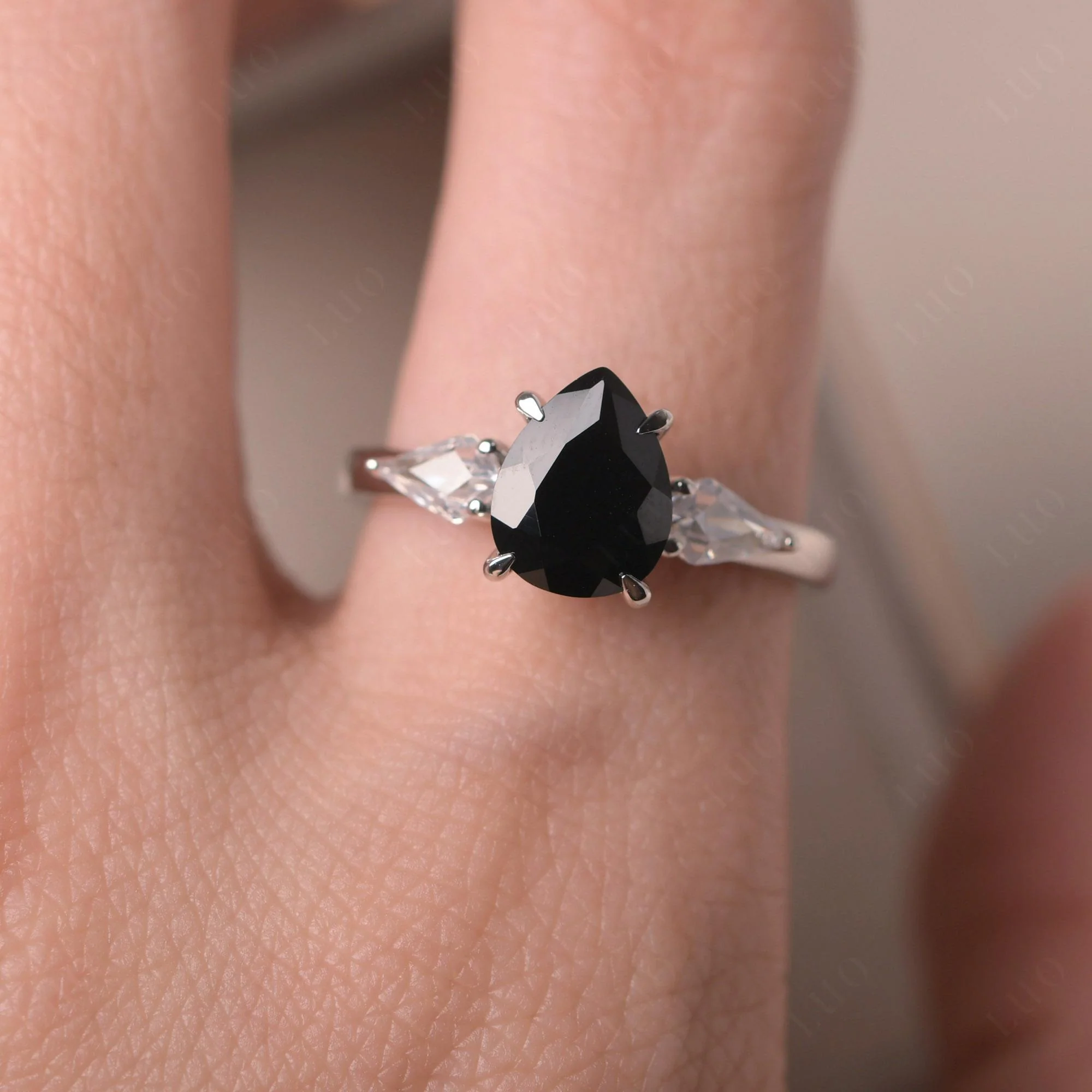 Pear Black Spinel Trilogy Engagement Ring - Image 5