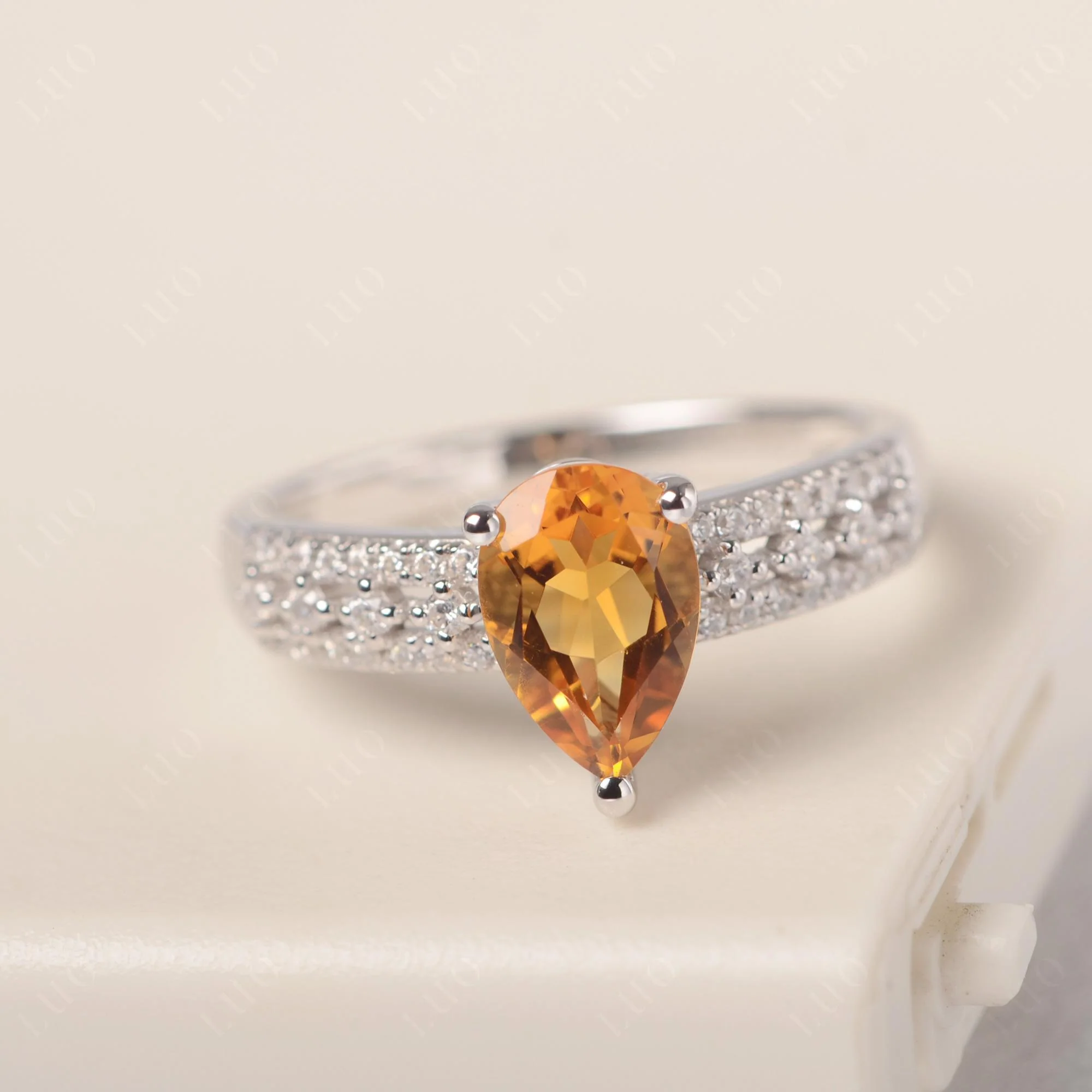 Citrine 3 Rows Pave Engagement Ring