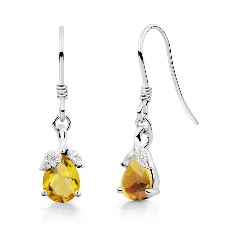 Pear Shaped Citrine Leaf Dangle Earrings - Image 2