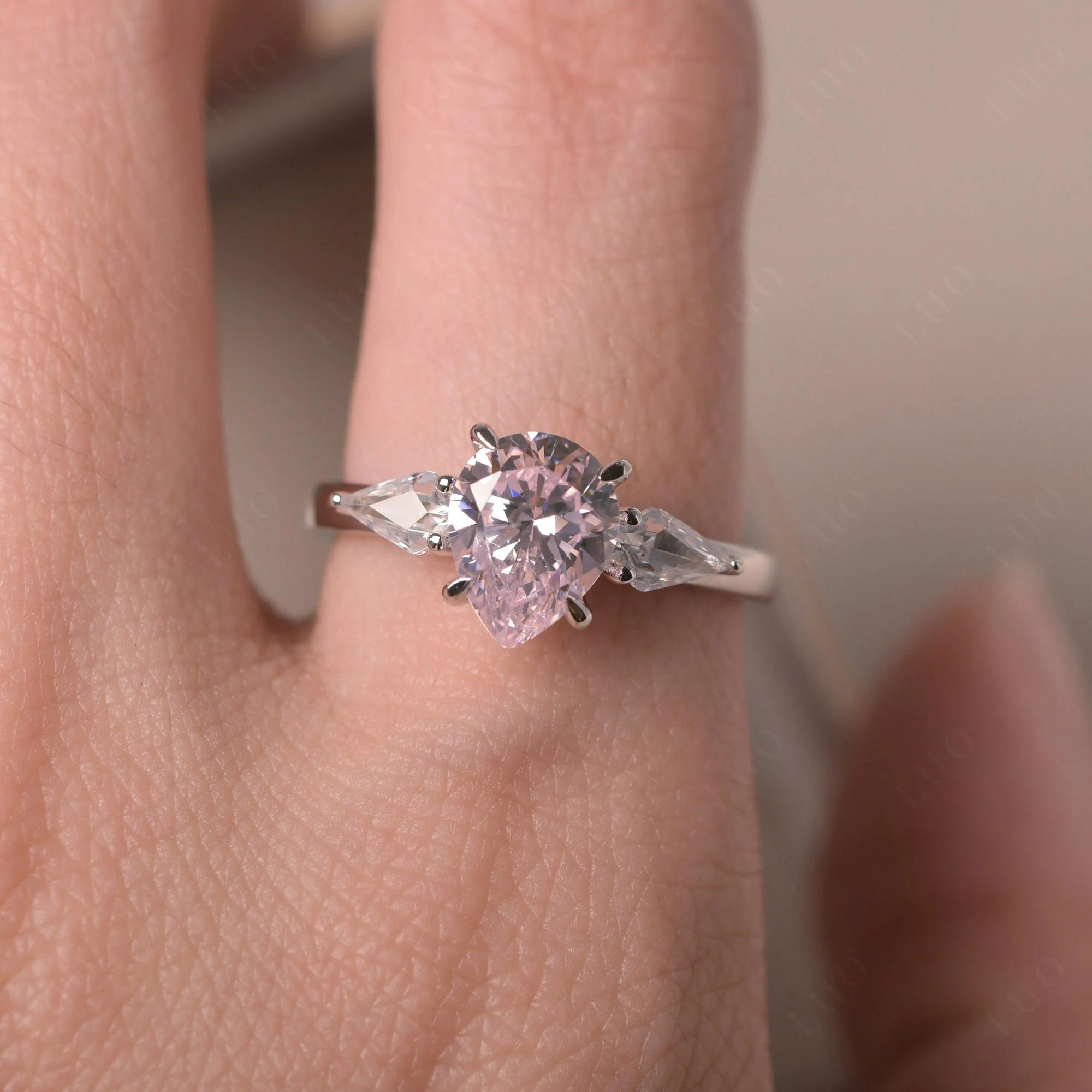 Pear Pink Cubic Zirconia Trilogy Engagement Ring - Image 5