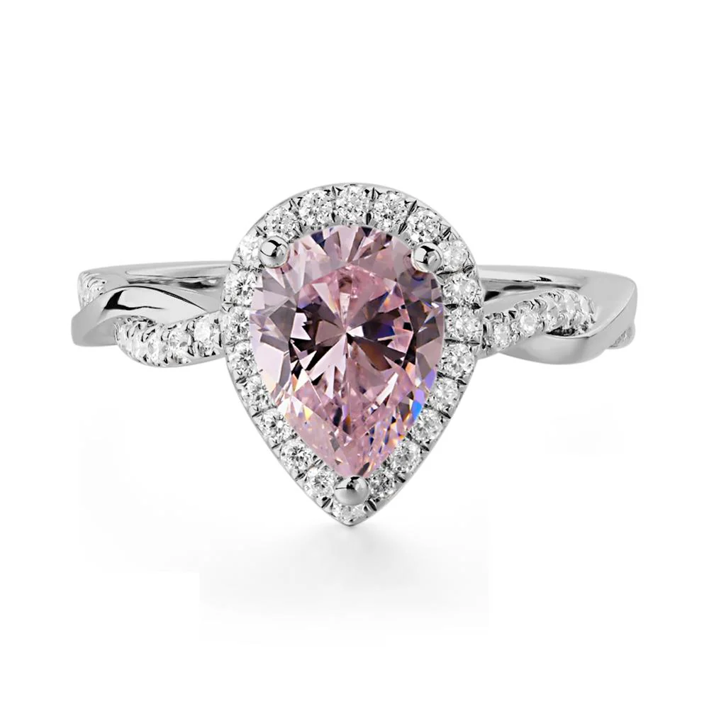 Pear Shaped Pink Cubic Zirconia Twisted Halo Ring - Image 7