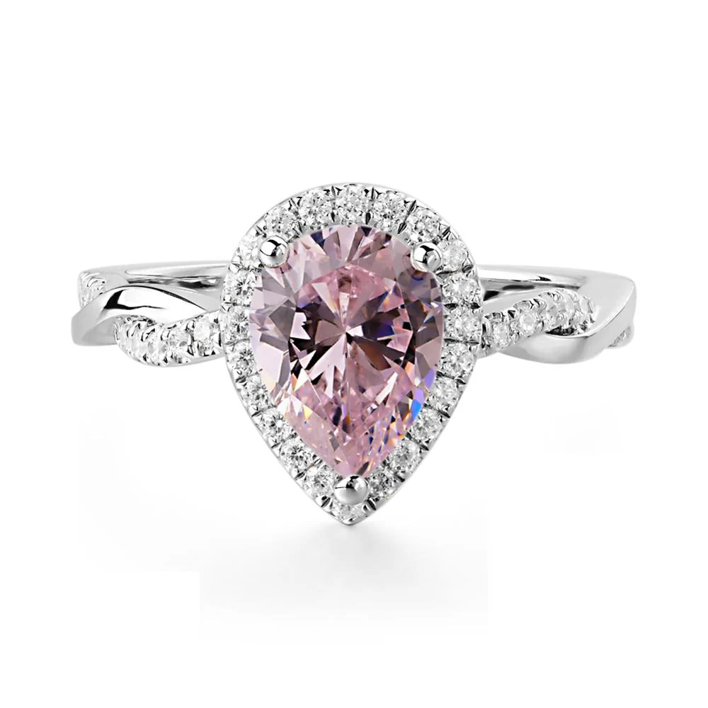 Pear Shaped Pink Cubic Zirconia Twisted Halo Ring - Image 9