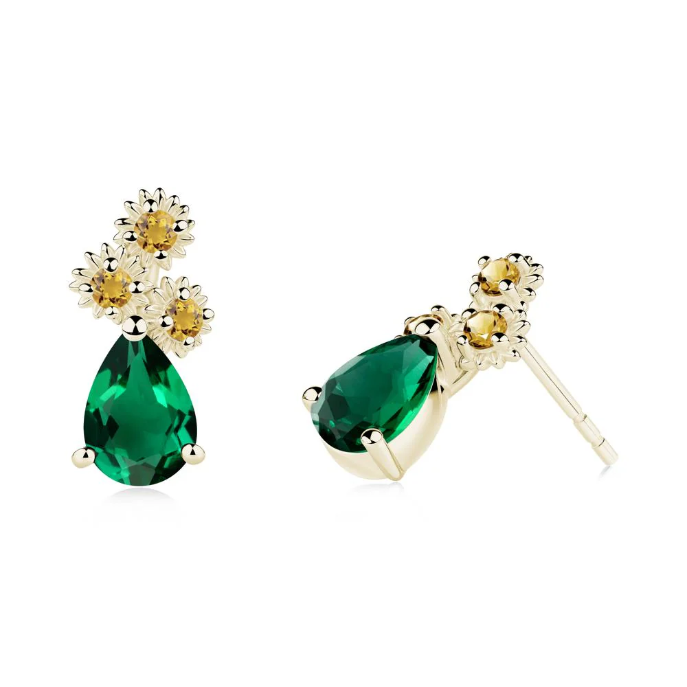 Pear Shaped Emerald and Citrine Sunflower Stud Earrings