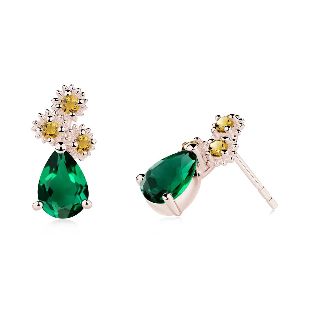 Pear Shaped Emerald and Citrine Sunflower Stud Earrings - Image 3