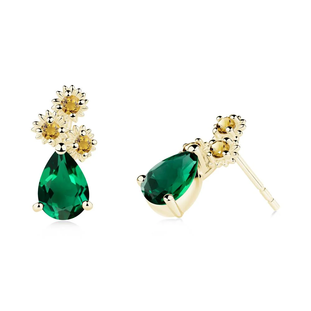 Pear Shaped Emerald and Citrine Sunflower Stud Earrings - Image 4