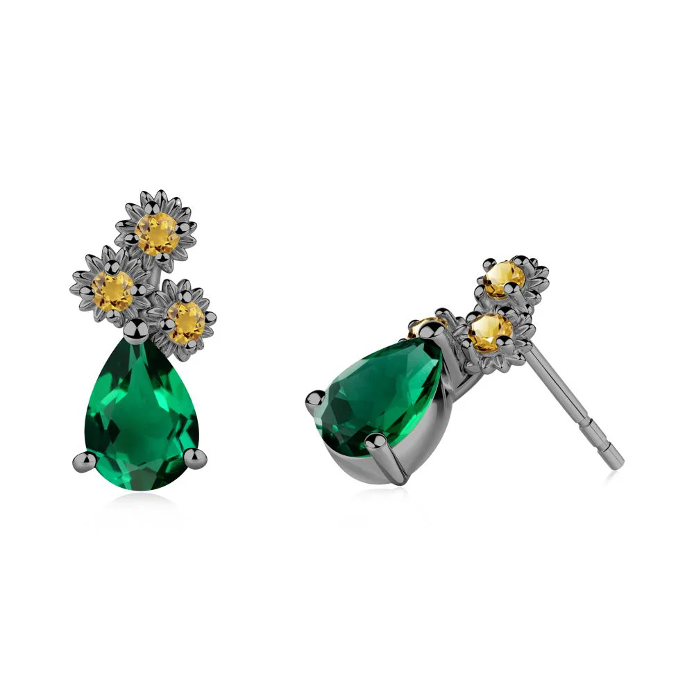 Pear Shaped Emerald and Citrine Sunflower Stud Earrings - Image 6