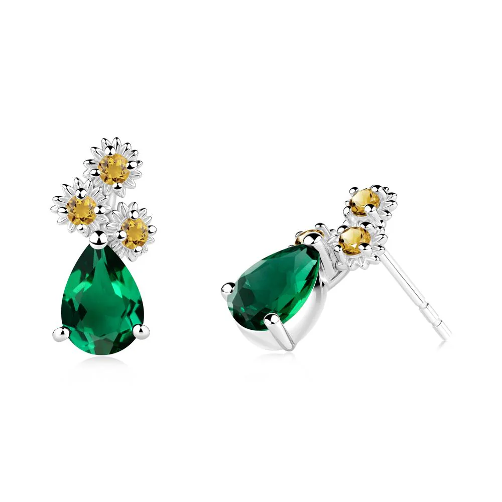 Pear Shaped Emerald and Citrine Sunflower Stud Earrings - Image 9
