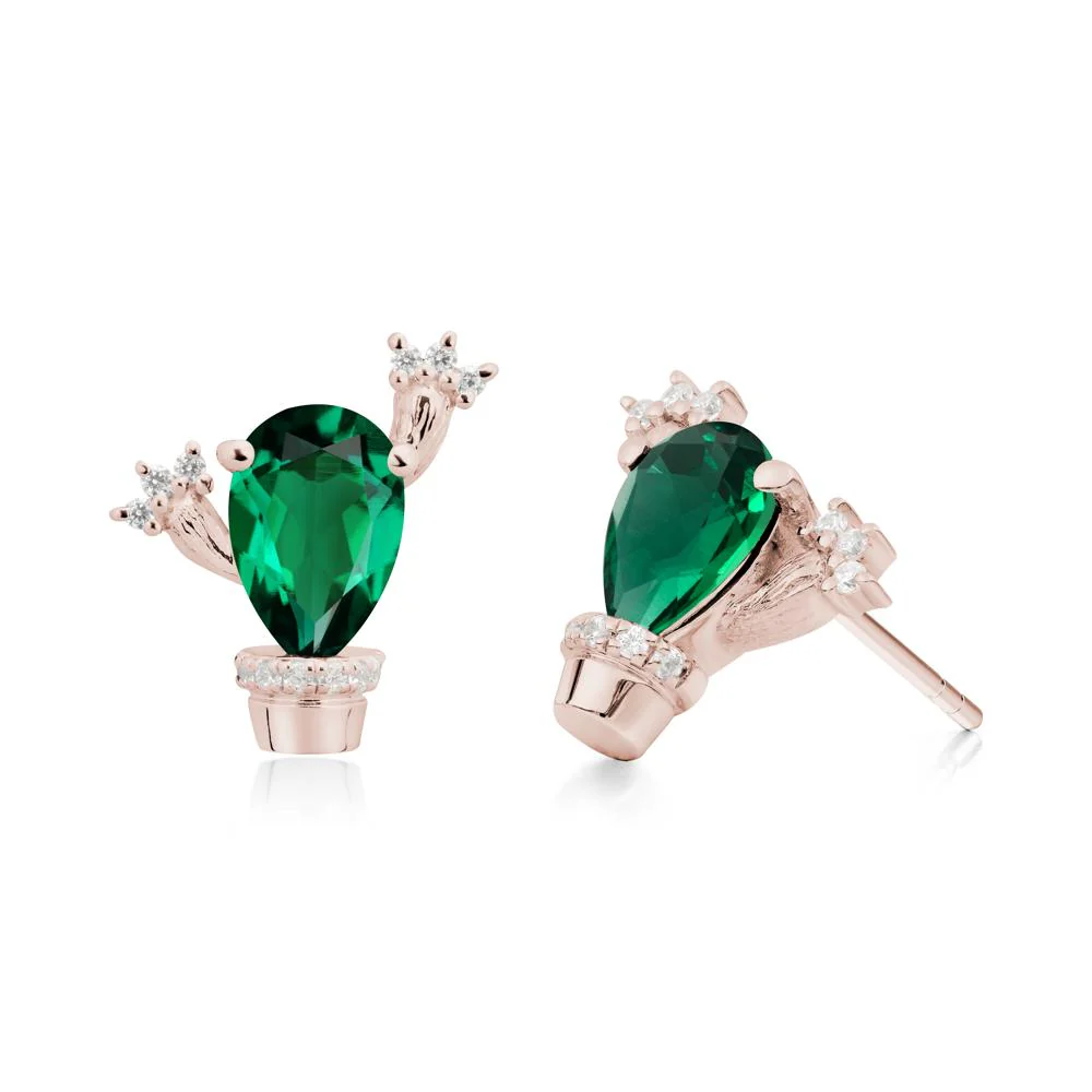 Pear Shaped Emerald Cactus Stud Earrings - Image 2