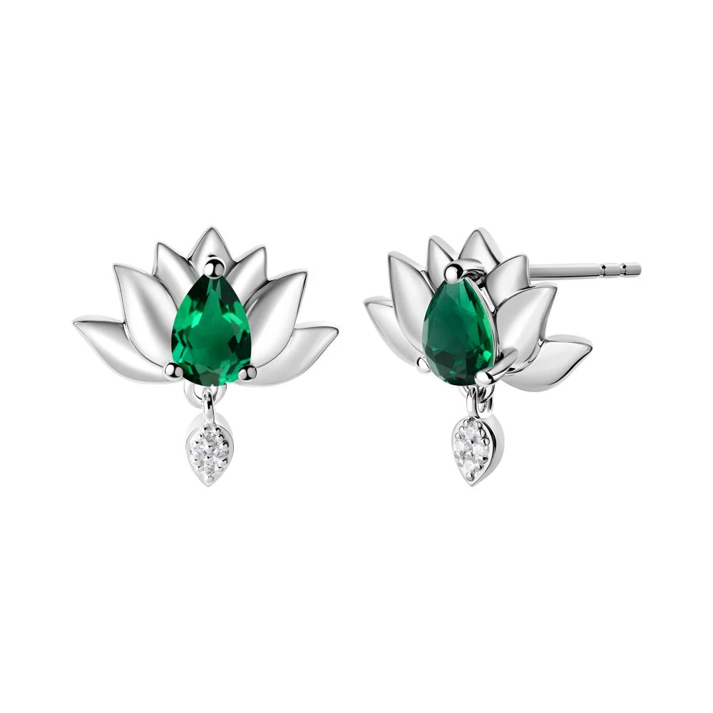 Pear Shaped Emerald Lotus Flower Earrings - Image 5