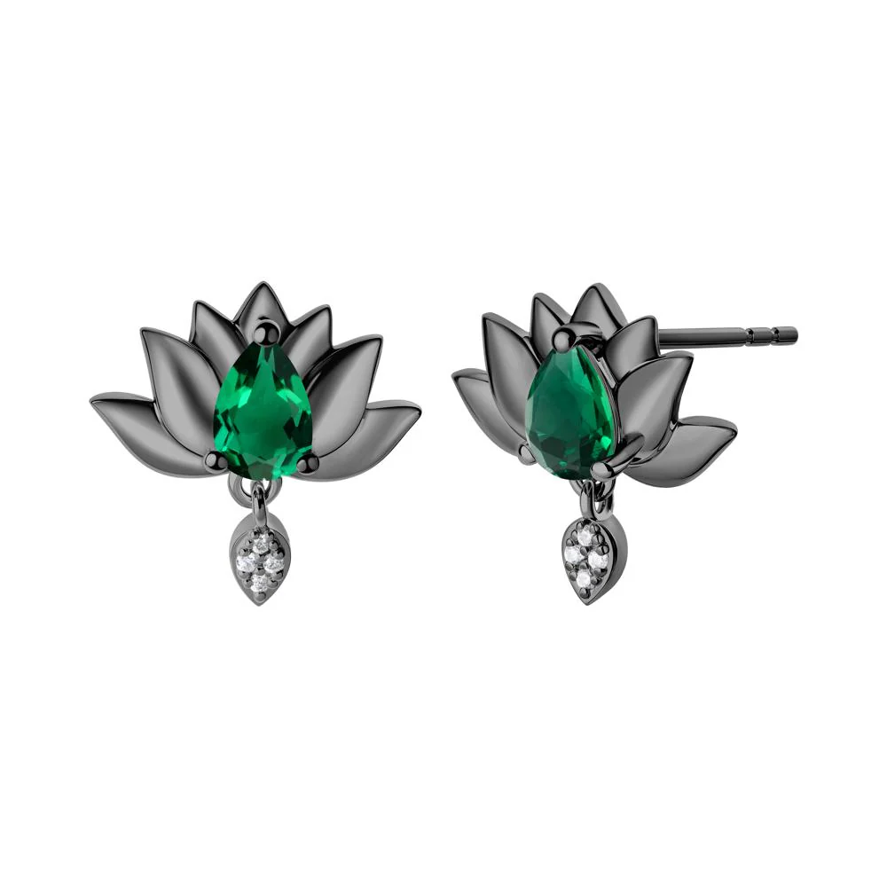 Pear Shaped Emerald Lotus Flower Earrings - Image 6