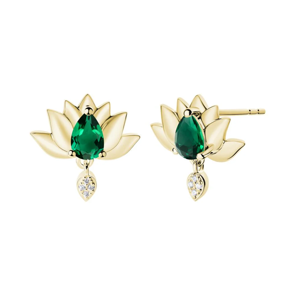Pear Shaped Emerald Lotus Flower Earrings - Image 8
