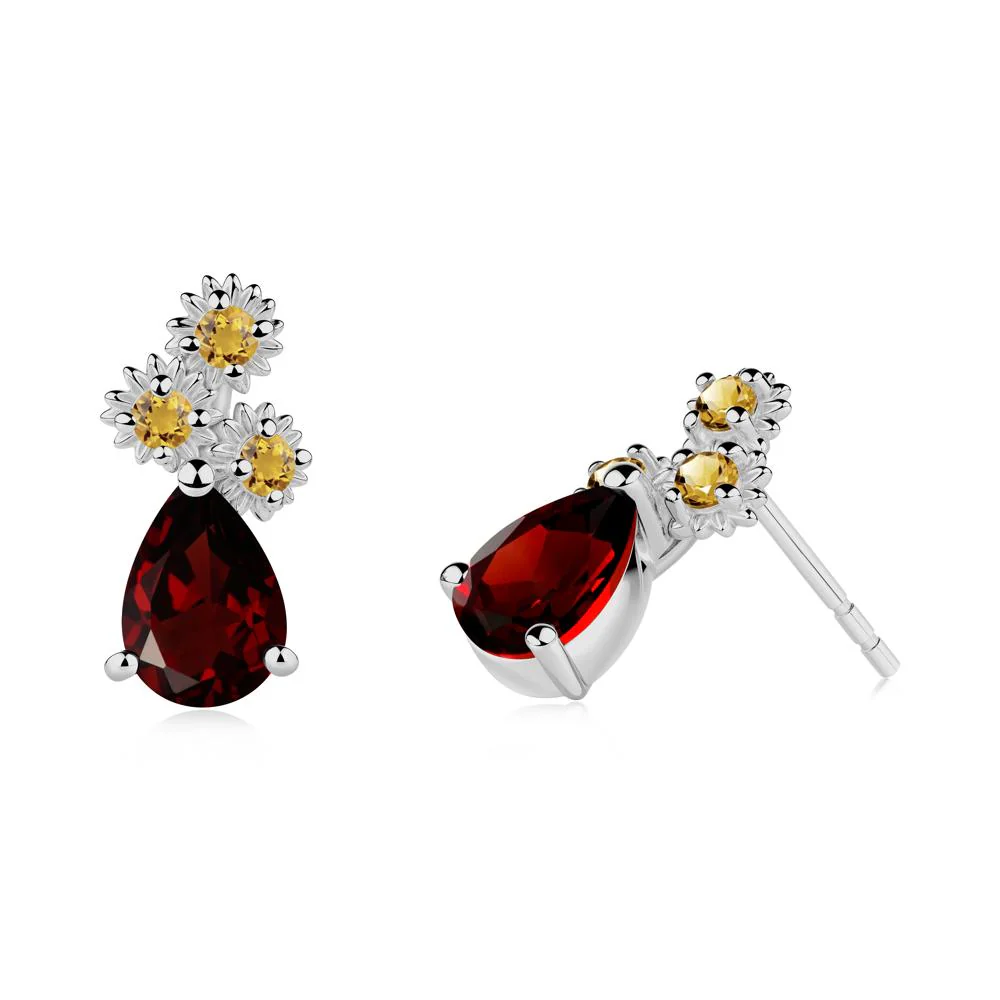 Pear Shaped Garnet and Citrine Sunflower Stud Earrings - Image 6