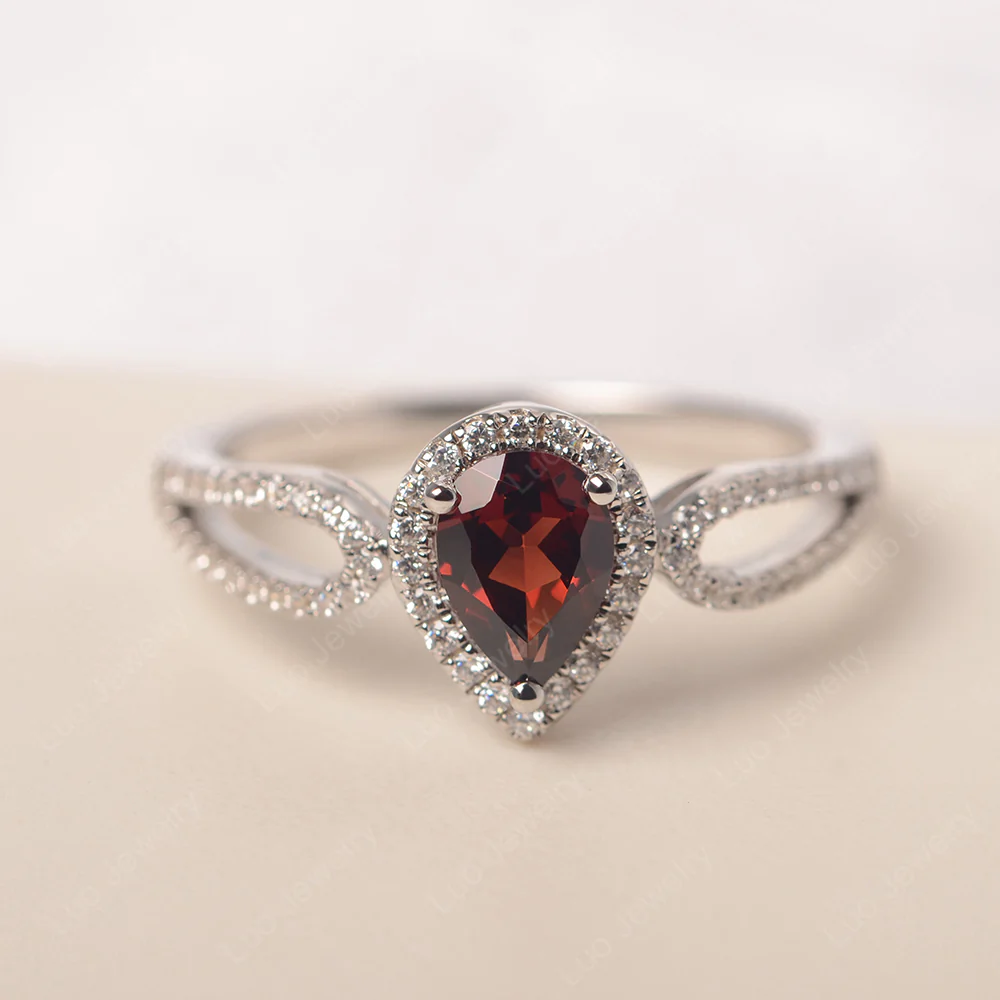Pear Shaped Garnet Halo Engagement Ring