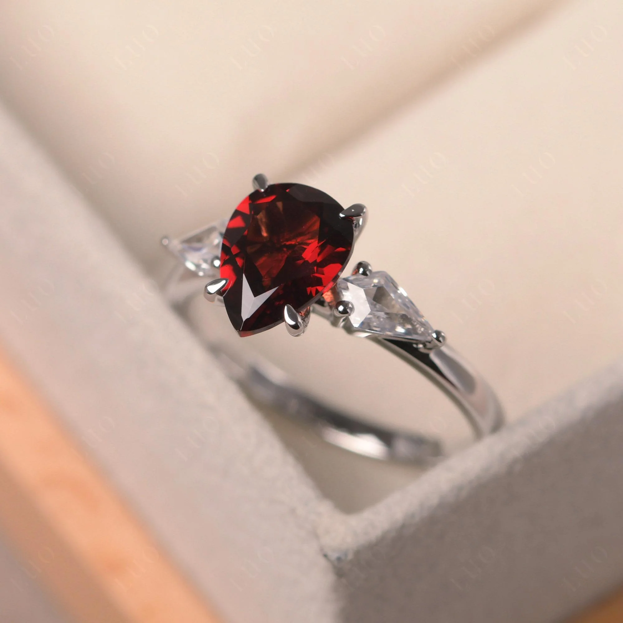 Garnet Pear Three Stone Ring - Image 2
