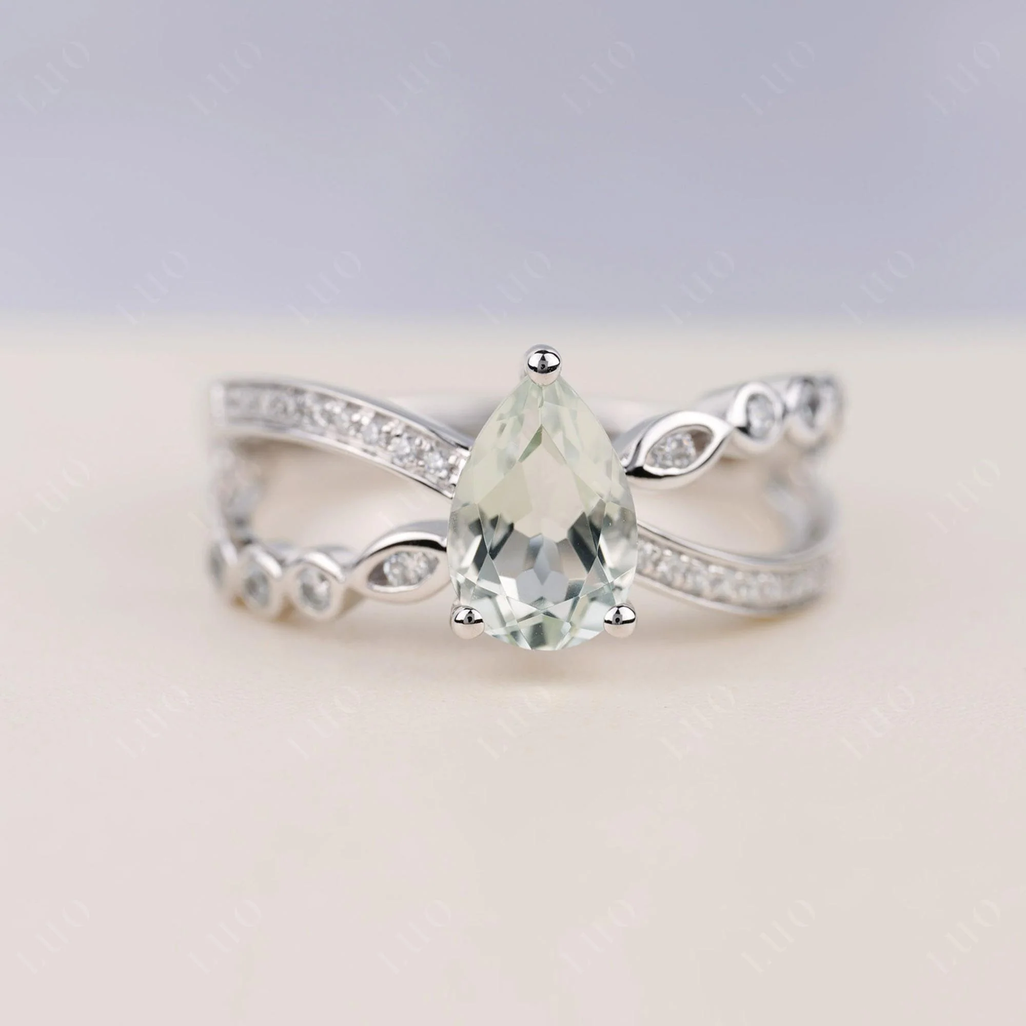 Pear Shaped Green Amethyst Crossover Ring