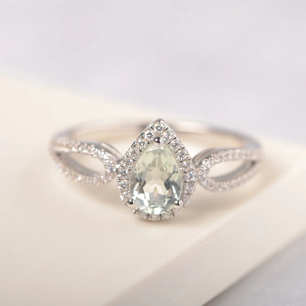 Pear Shaped Green Amethyst Halo Engagement Ring