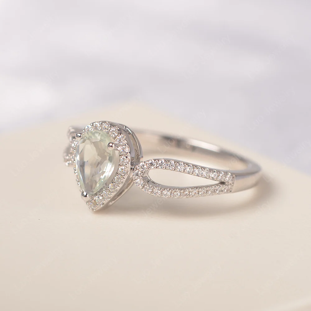 Pear Shaped Green Amethyst Halo Engagement Ring - Image 2