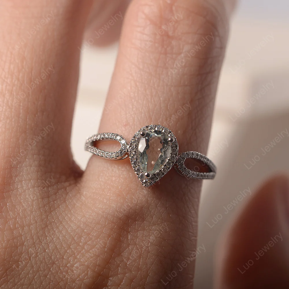 Pear Shaped Green Amethyst Halo Engagement Ring - Image 5