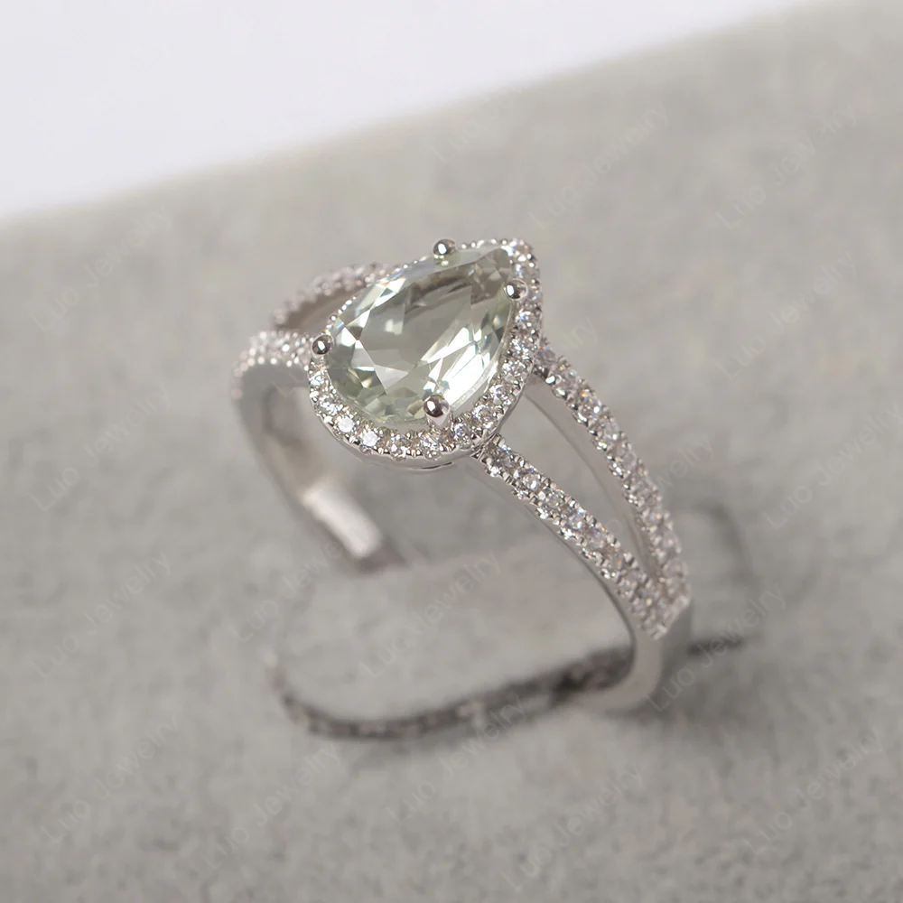 Pear Shaped Green Amethyst Halo Split Shank Ring - Image 2