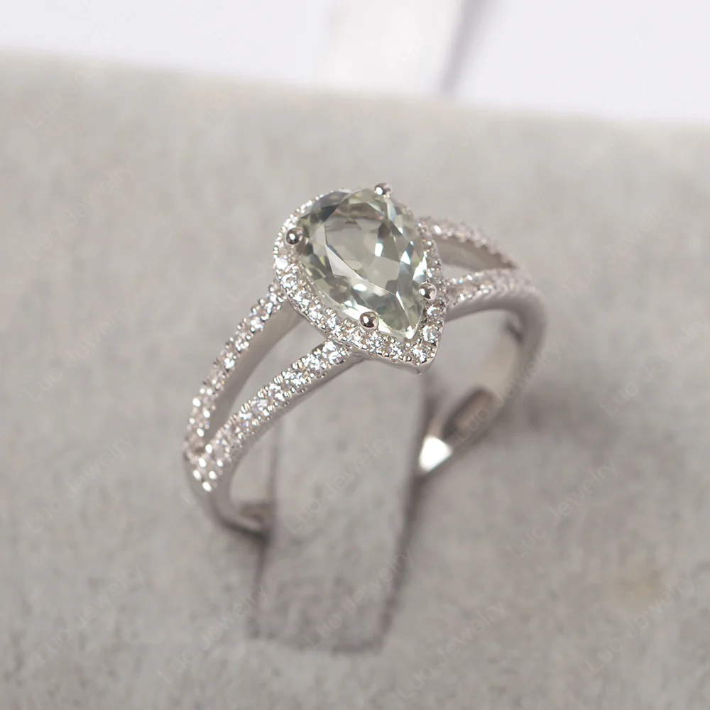 Pear Shaped Green Amethyst Halo Split Shank Ring - Image 3